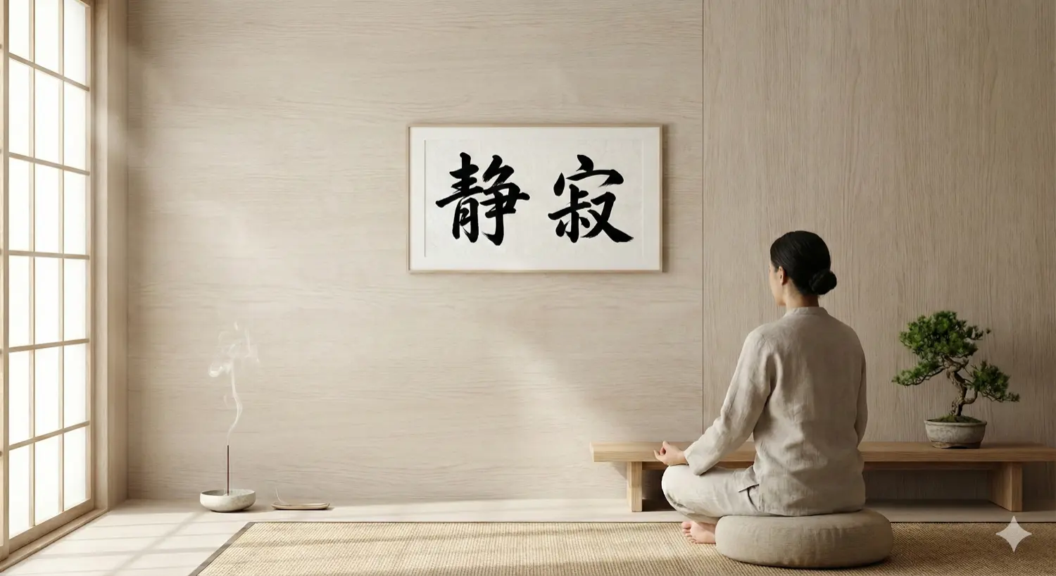 A quiet meditation corner featuring abstract ink art placed at floor level