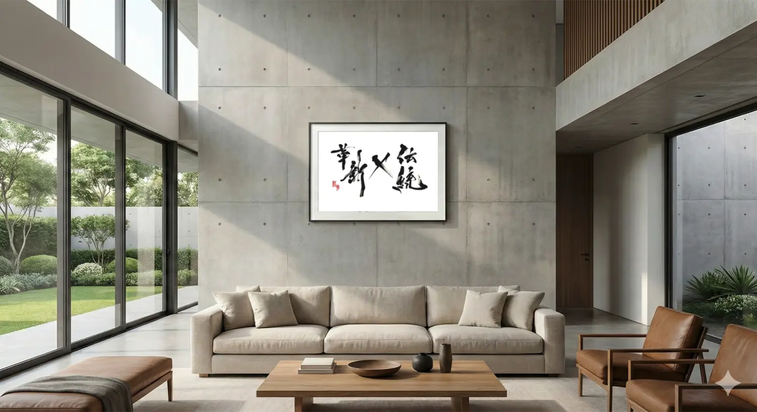 Modern luxury living room featuring a massive abstract calligraphy piece above a large sofa