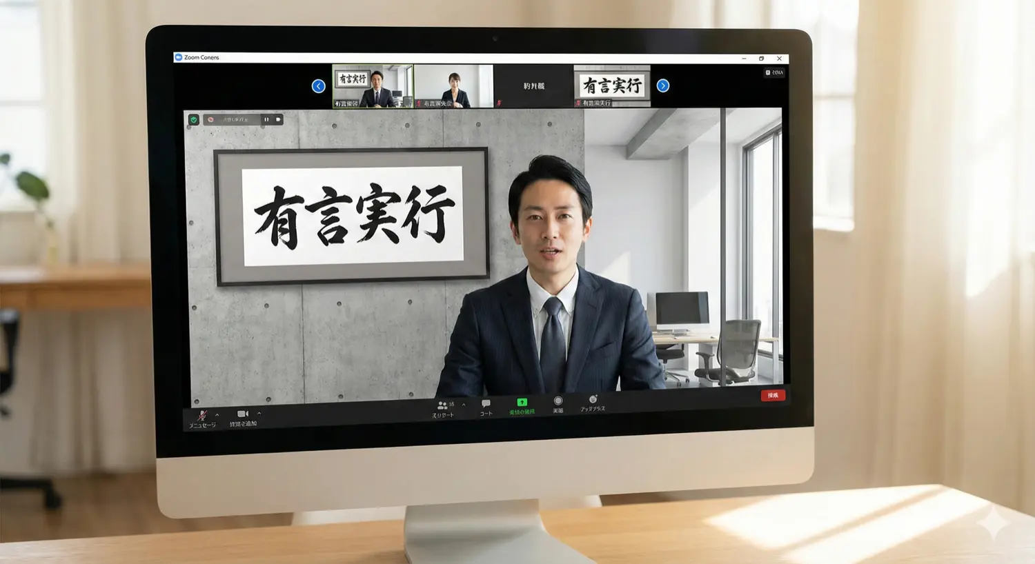 View of a desk setup showing how the art looks on a video call background