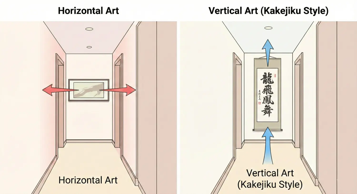 Diagram showing how vertical art draws the eye up in a narrow hallway
