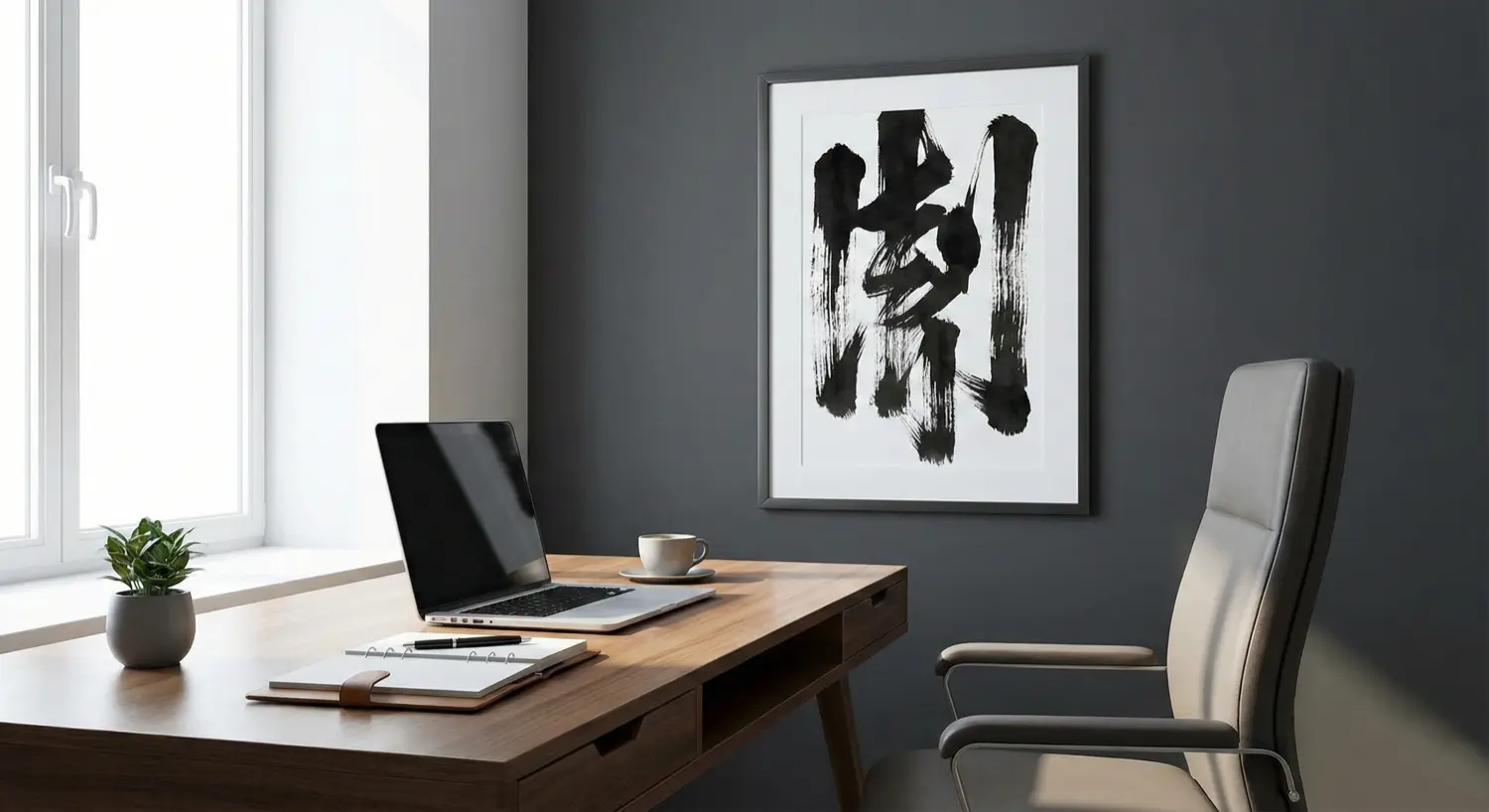 A sleek modern home office featuring a sharp, vertical calligraphy piece behind the desk