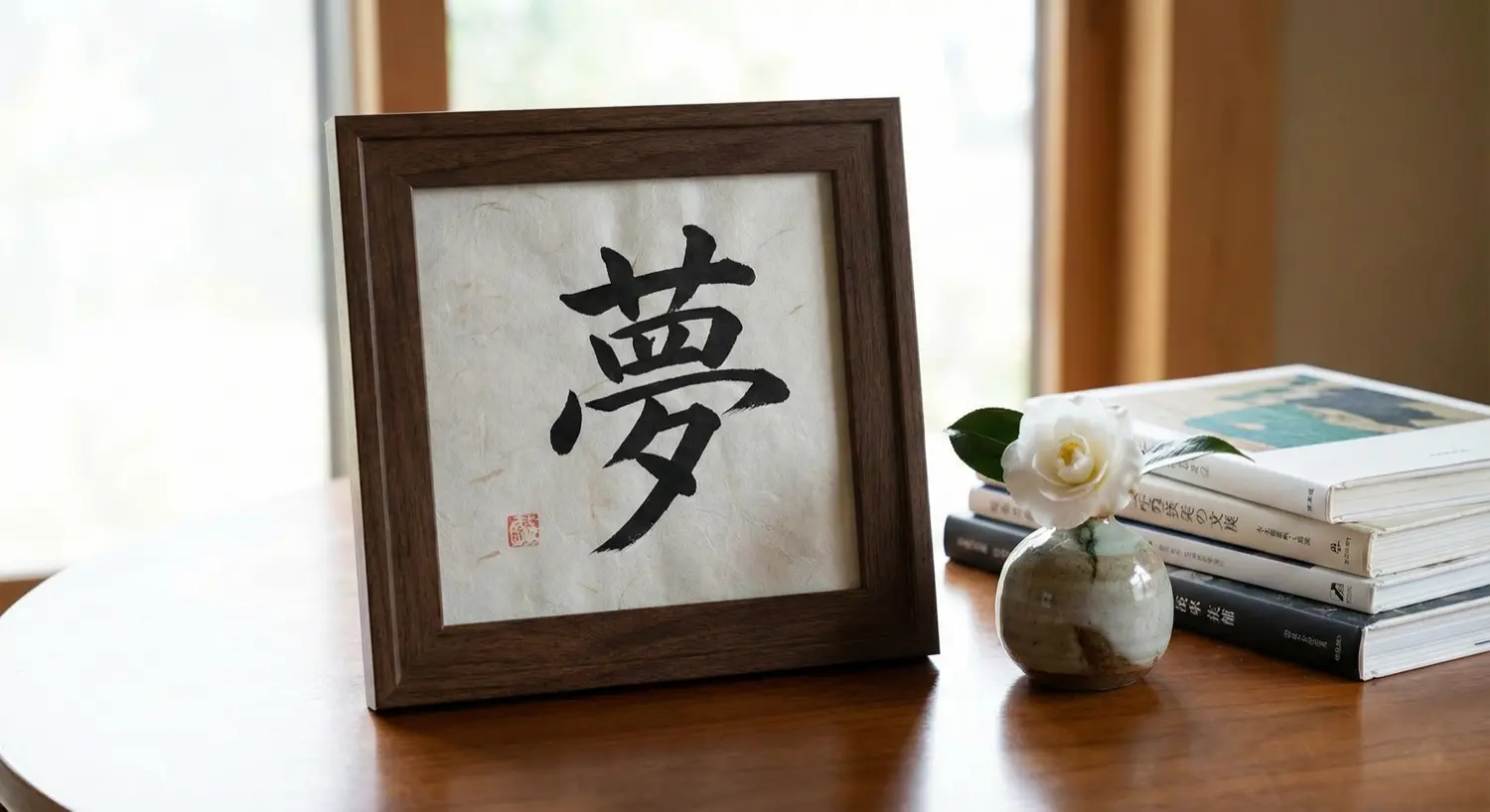 An elegantly wrapped framed calligraphy piece placed in a beautiful setting, suggesting a high-end gift.