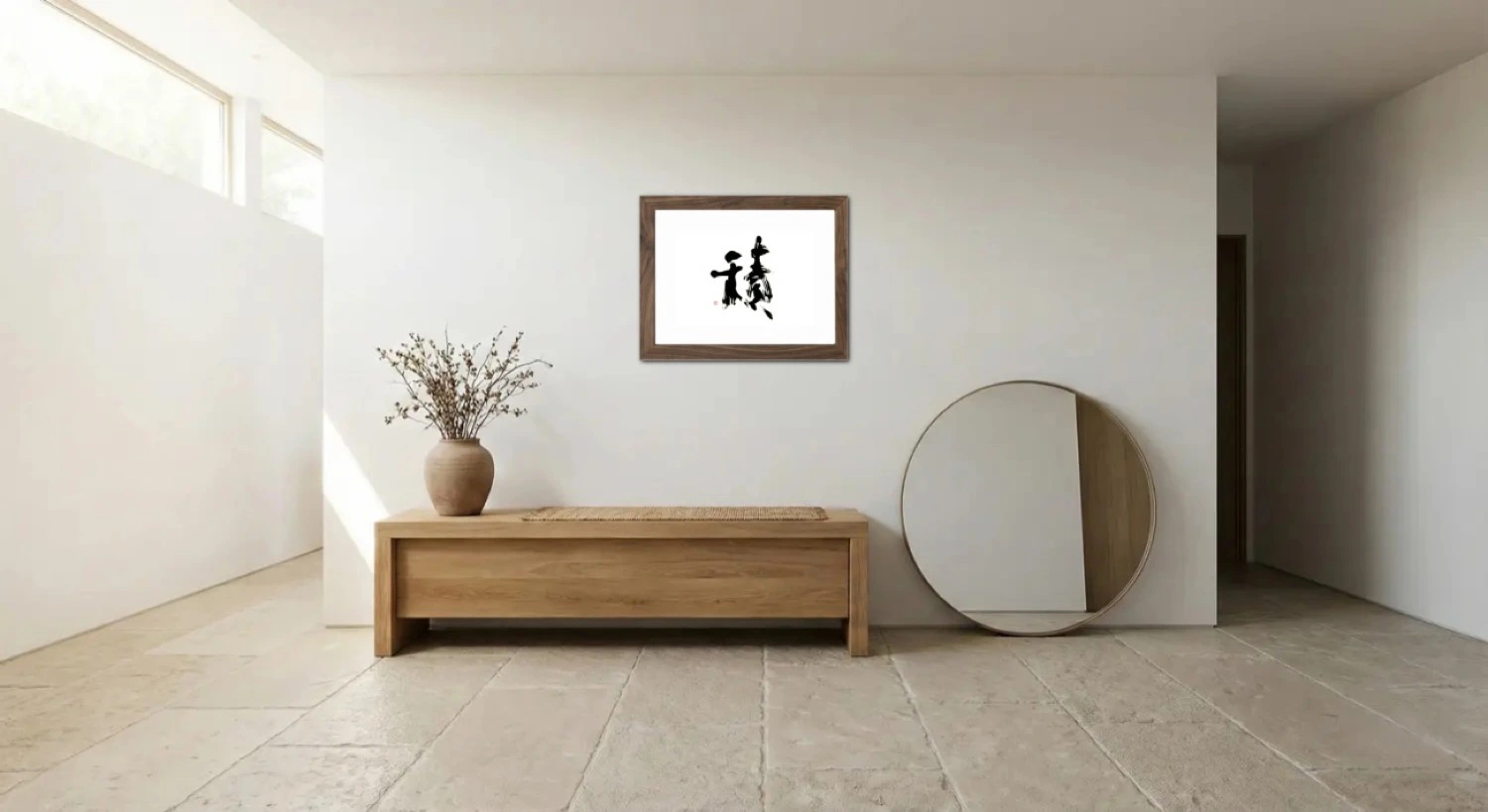 A simple, hand-drawn Enso Zen circle artwork hanging above a minimalist wooden bench.