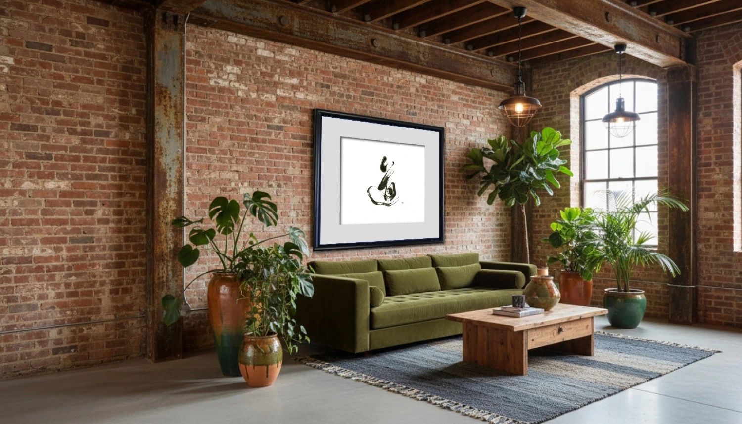 A chic industrial loft with a concrete wall featuring a bold, black ink calligraphy artwork.
