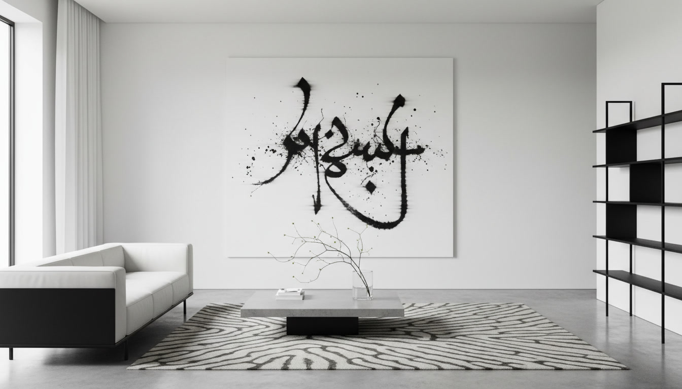 Detail shot showing the contrast between a sharp metal furniture edge and the organic splash of ink art.