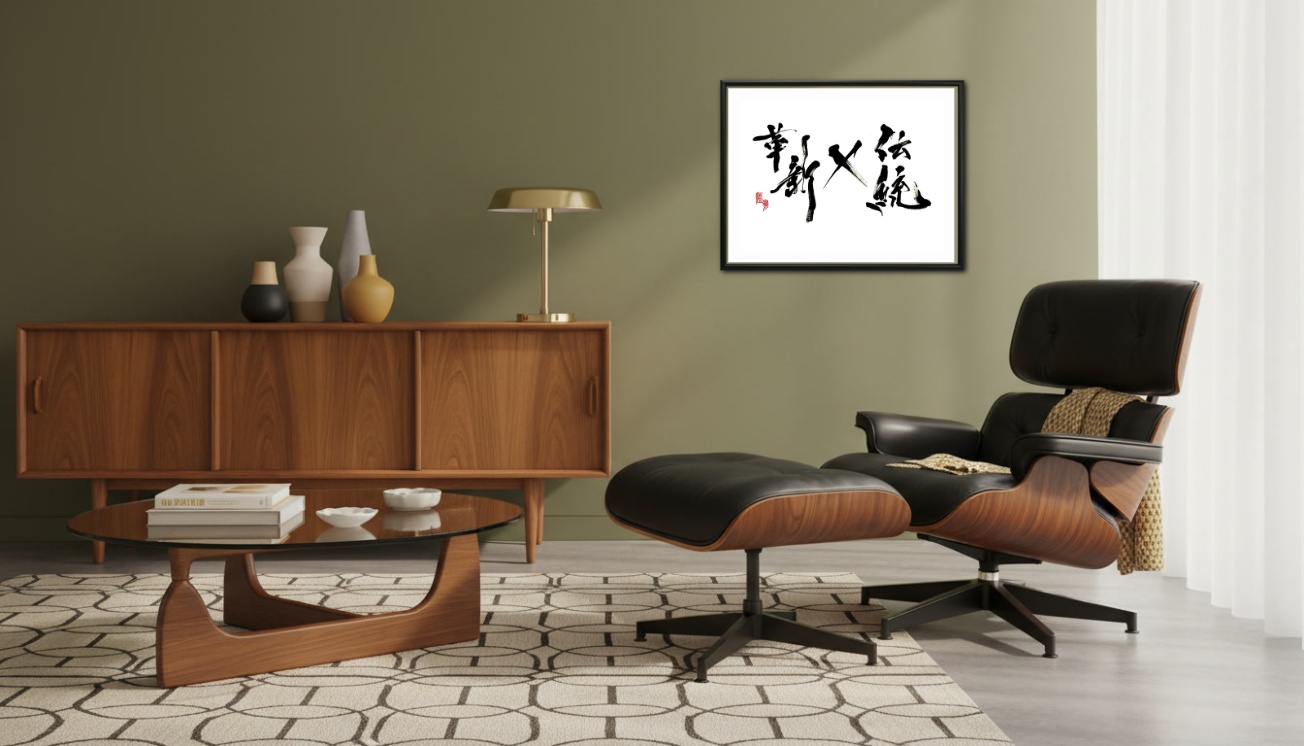 Close up of walnut wood grain next to the texture of Washi paper and black ink.