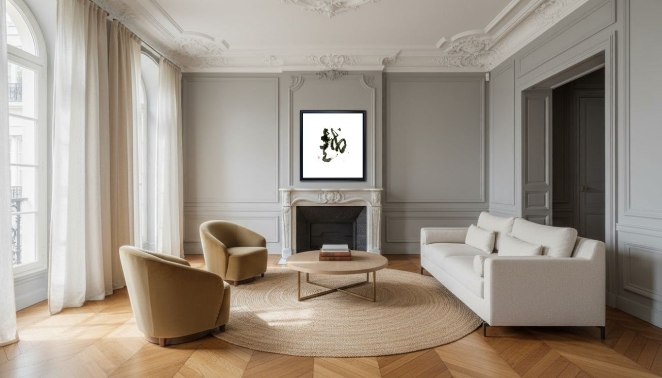 Detail shot of herringbone wood floor and a modern chair, with calligraphy art on the wall.