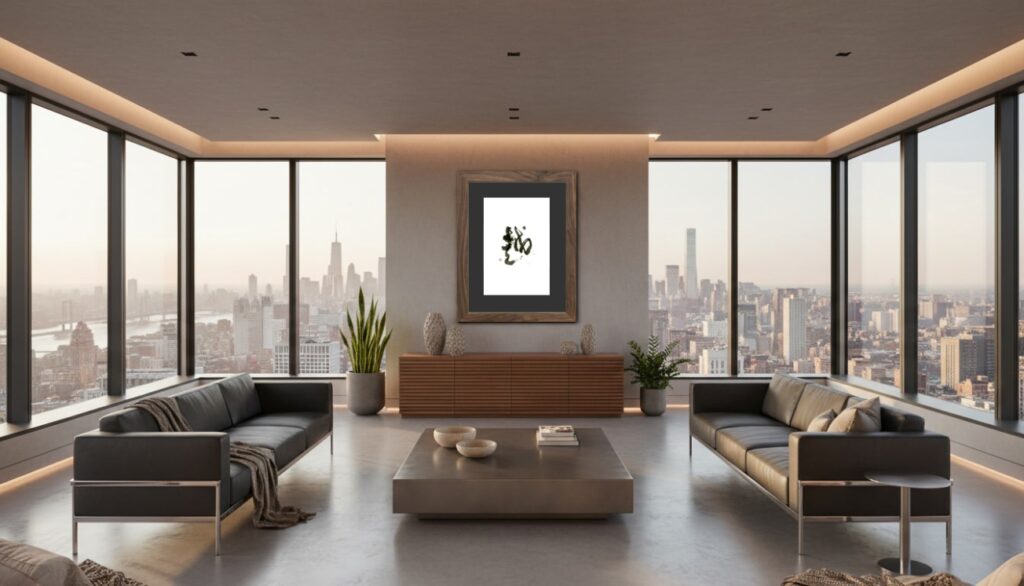 A luxury urban penthouse living room with a city skyline view, featuring a large, bold calligraphy piece on the wall.