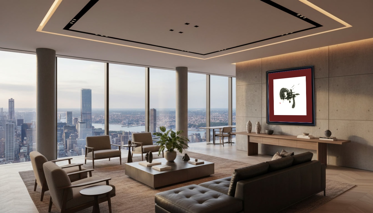 A wide wall in a modern hallway treated like an art gallery with a single large framed work.