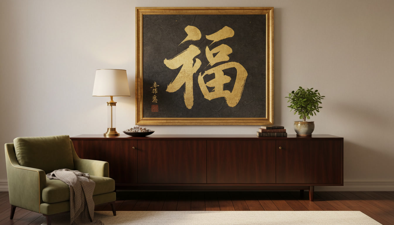 A pristine, modern entrance hall featuring a vertical calligraphy piece that invites guests in.