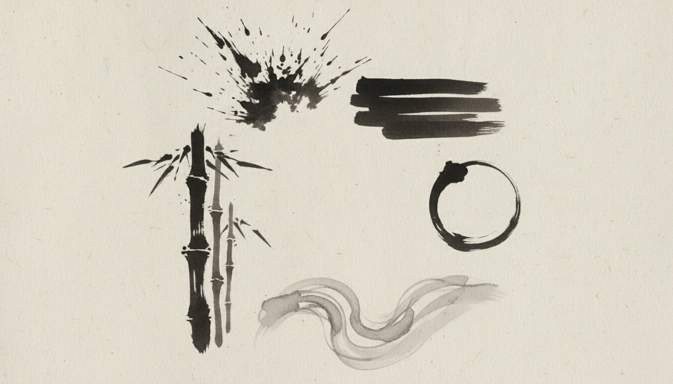 An artistic representation of the Five Elements (Wood, Fire, Earth, Metal, Water) through abstract ink strokes.