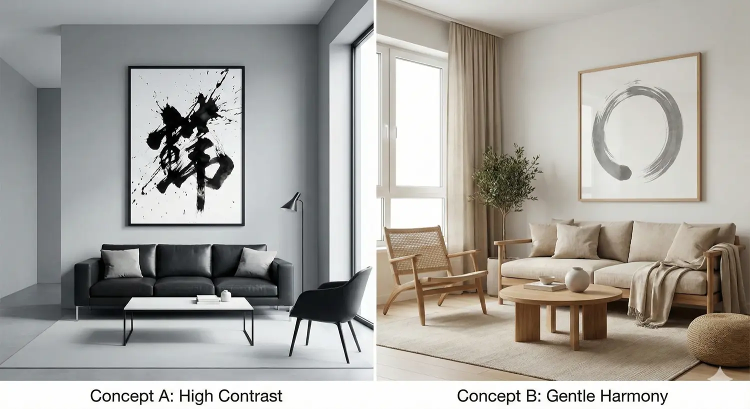 Comparison of energetic calligraphy in modern room vs calm calligraphy in Japandi room