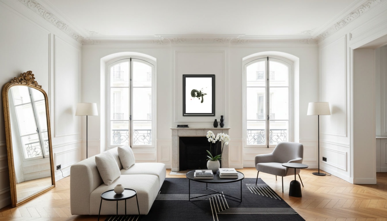 A bright Parisian apartment with wall moldings and a marble fireplace, featuring a bold black ink calligraphy piece above the mantel.