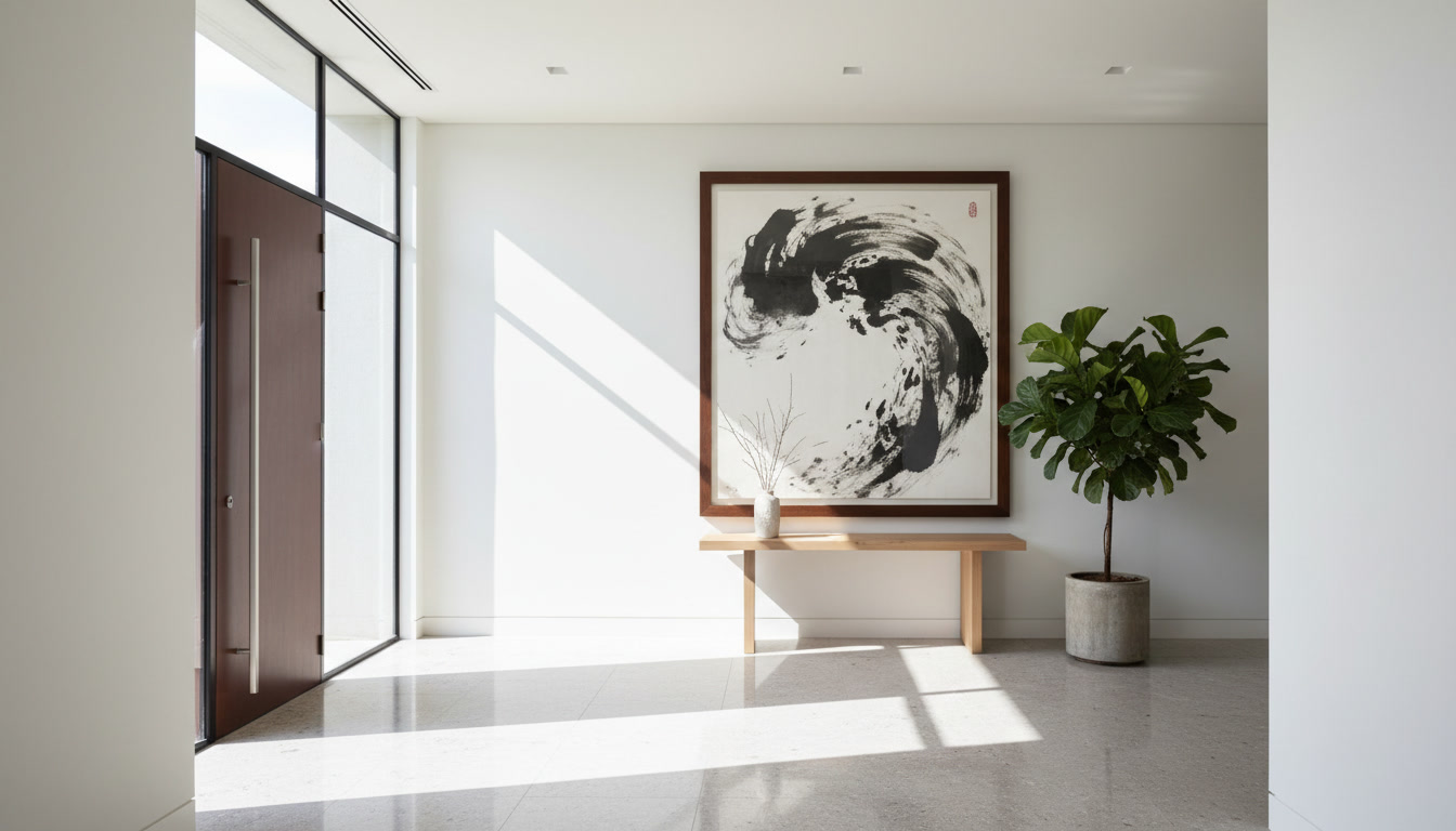 A bright, airy entrance hall with a dynamic calligraphy piece that suggests movement and energy flow.