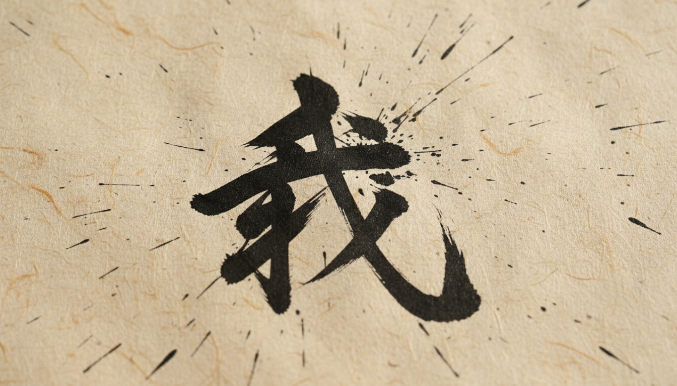 A close-up of a powerful Kanji character written with strong, upward brushstrokes.