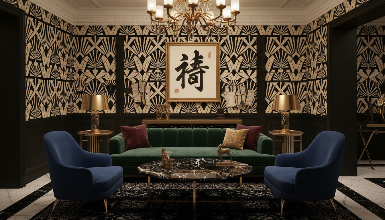 A glamorous Art Deco living room with a velvet sofa and brass lighting, featuring a calligraphy piece in a gold frame.