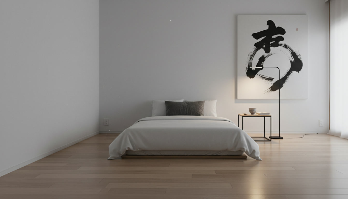 A pristine white minimalist living room with a single, powerful black ink artwork as the only decoration.